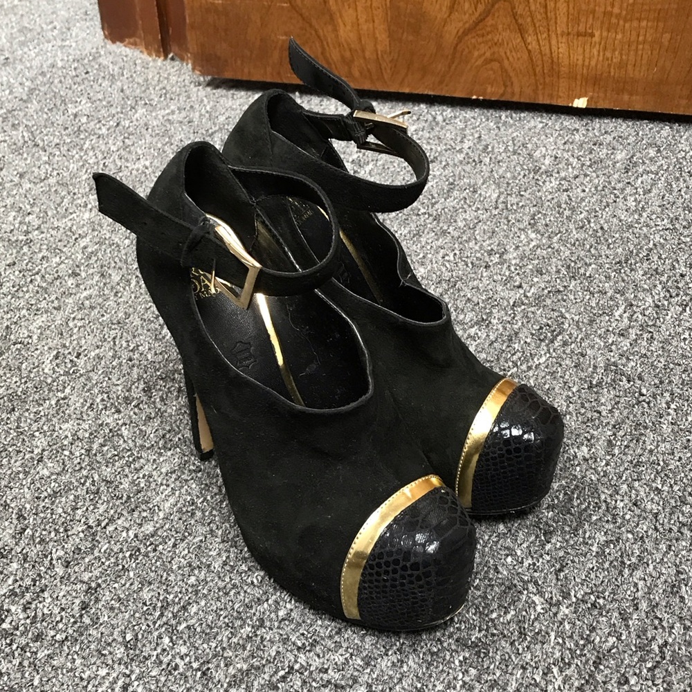 Black Suede Ankle-Strap Heels with Gold Toe Trim